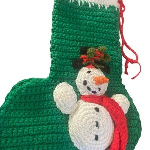 Vintage 3D Snowman Stocking Crocheted Green Christmas Party 1960’s MCM